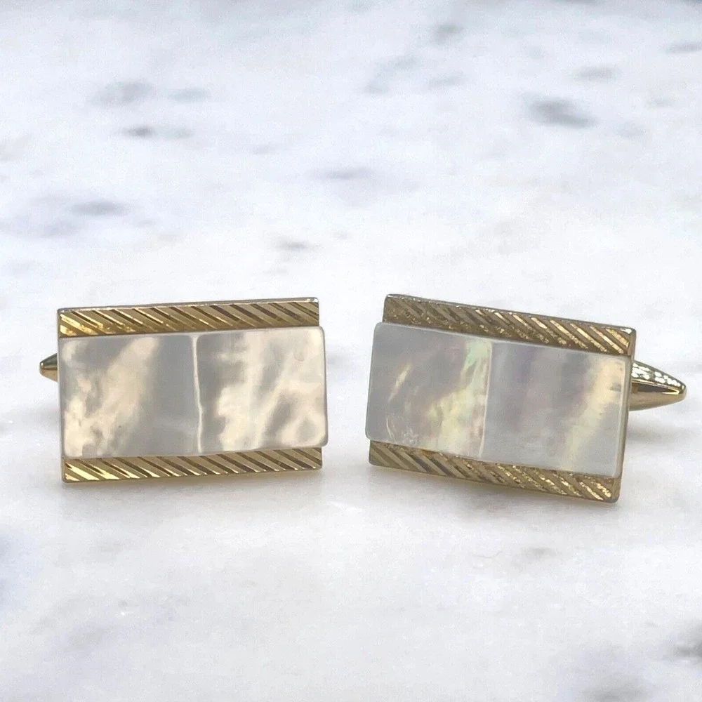 Mens Mother of Pearl Gold Tone Rectangular Bullet Back Cufflinks